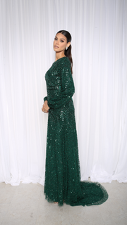 Emerald Green Embellished Evening Dress With Balloon Sleeves