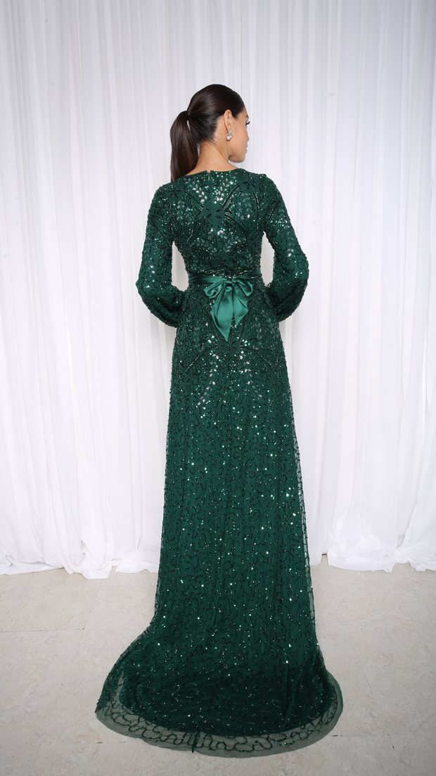 Emerald Green Embellished Evening Dress With Balloon Sleeves