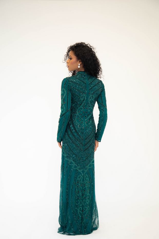 Emerald Green Embellished Maxi Dress With Sleeves Shimmi Dresses
