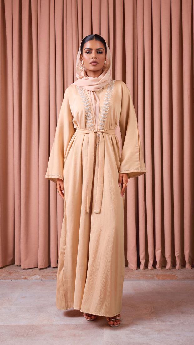 Champagne Sequin Satin Abaya Set