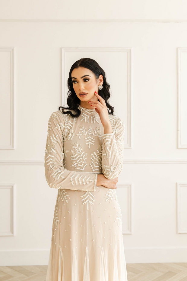 White Pearl Embellished Gown With Long Sleeves – Shimmi Dresses