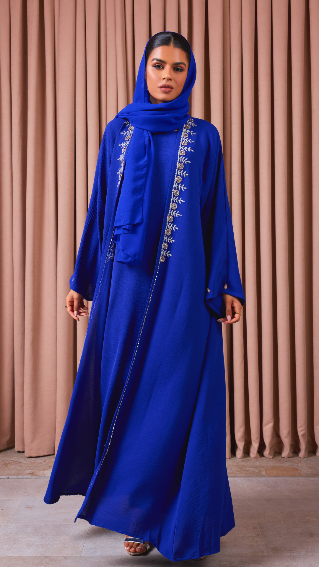 Cobalt Blue Embellished Crepe Abaya Set Shimmi Dresses Cobalt Blue Embellished Crepe Abaya Set Shimmi Dresses