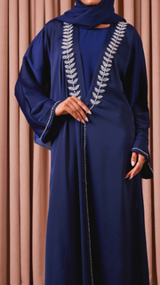 Navy Embellished Satin Abaya Set