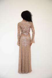 Mocha Sequin Evening Dress With Flare Sleeves