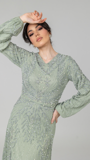 Sage Pearl Evening Dress With Balloon Sleeve