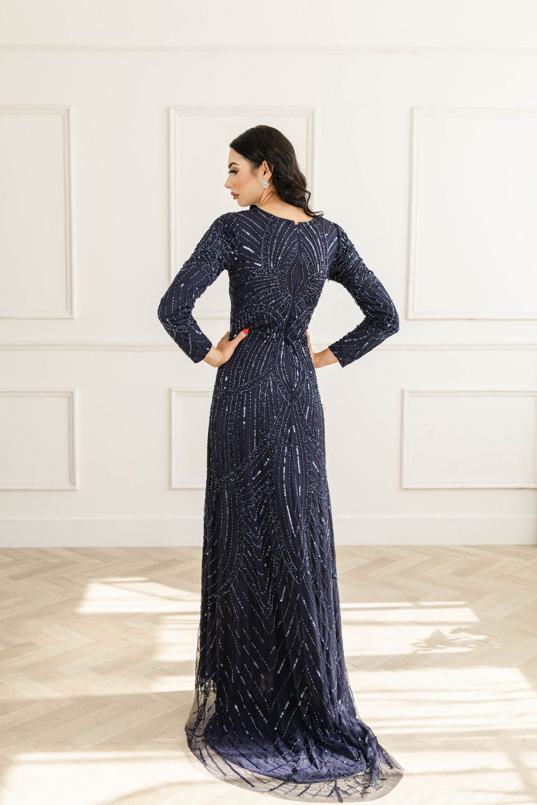 knee length dresses for ladies Navy Sequin Long Sleeve Evening Dress With Trail