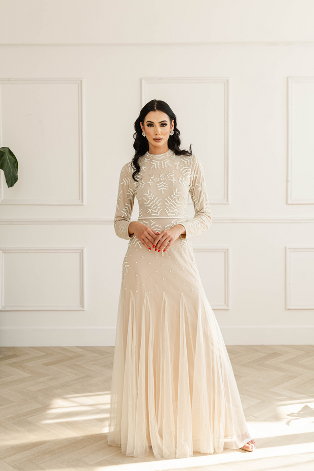 Cream Pearl Long Sleeve Mermaid Dress Shimmi Dresses