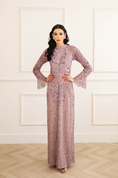 Lilac Sequin Evening Dress With Flare Sleeves