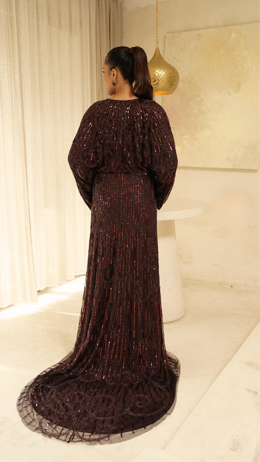 Chocolate Brown Kimono Sleeve Embellished Maxi Dress 14 (L)