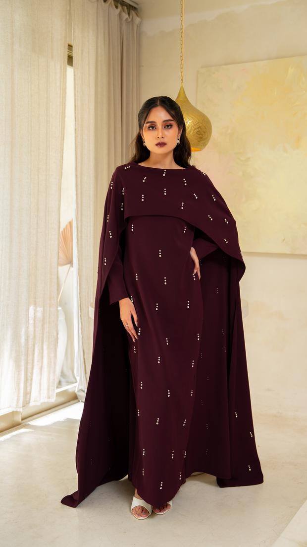 Burgundy cape dress with embellishment 01
