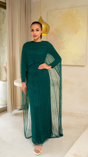 Emerald green embellished cape dress with sleeves - 01