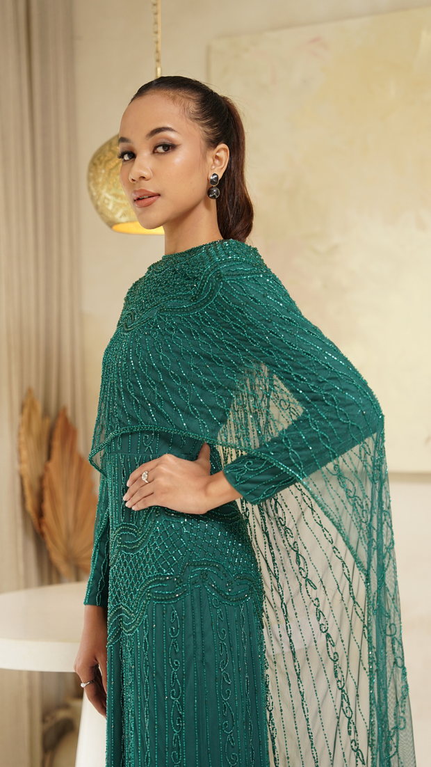 modest emerald green embellished cape dress 