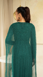 modest embellished cape dress deep emerald green