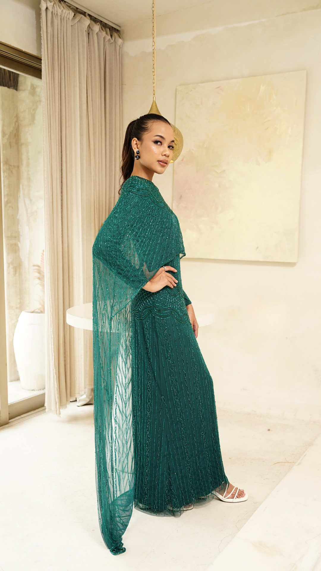 Emerald Green Embellished Cape Gown