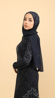navy wedding guest dress with trail 