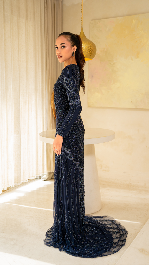 Navy Embellished Long Sleeve Evening Dress With Trail Navy Embellished Long Sleeve Evening Dress With Trail