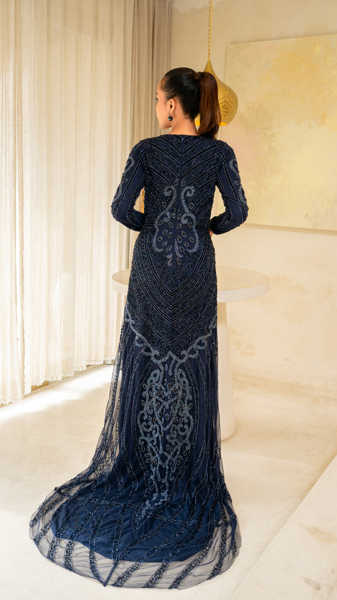 Navy Embellished Long Sleeve Evening Dress With Trail – Shimmi Dresses