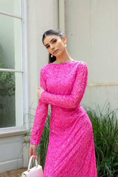 Hot Pink Sequin Evening Dress With Sleeves