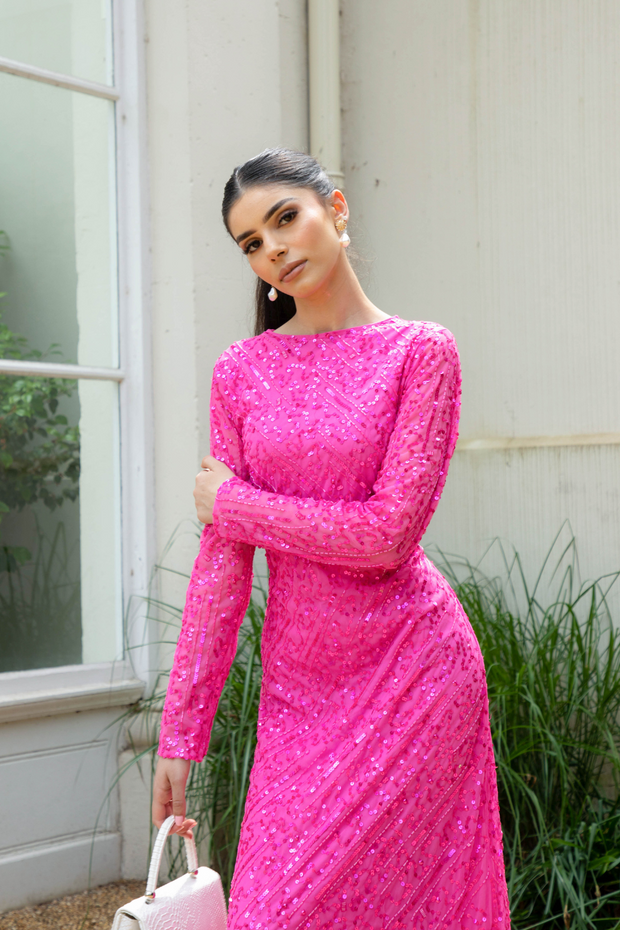 Hot Pink Sequin Evening Dress With Sleeves - Shimmi Dresses