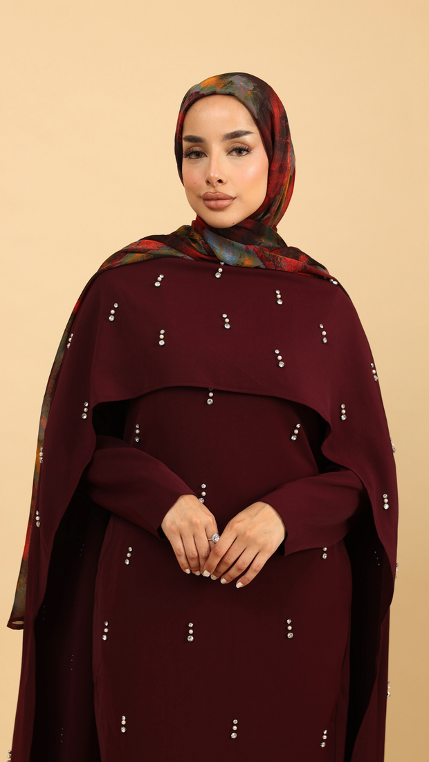 burgundy embellished cape dress (1)