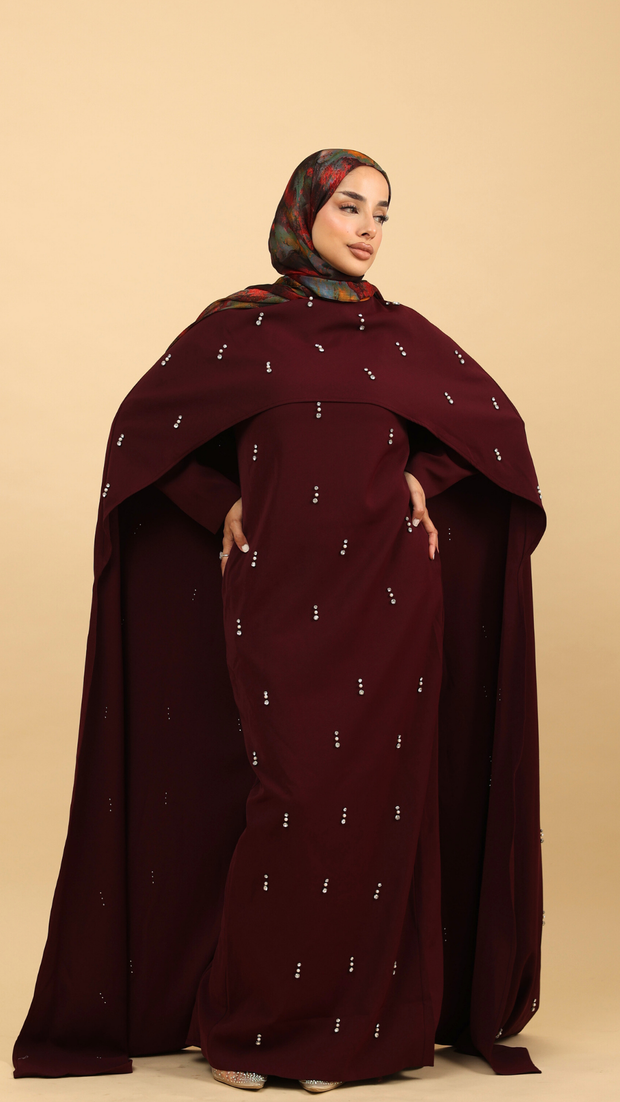 burgundy crepe cape dress (1)
