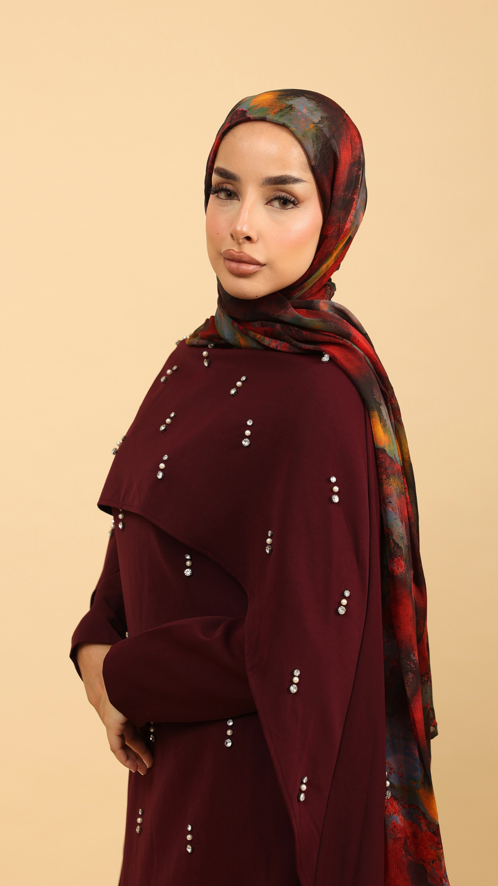 Rae | Burgundy Maxi Dress With One-Sleeve Cape