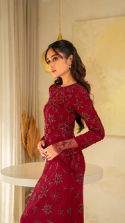 burgundy embellished dress with flare sleeves 01