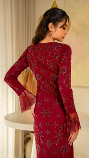 burgundy embellished wedding guest dress