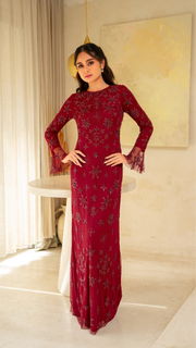 burgundy modest evening dress