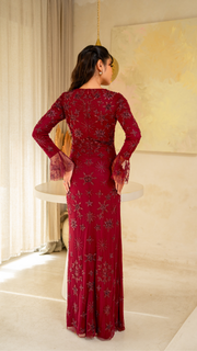 burgundy embellished dress with flare sleeves 05