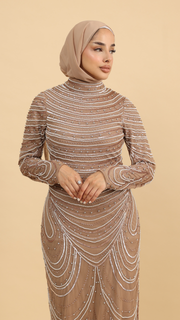 hand embellished mocha cape dress 
