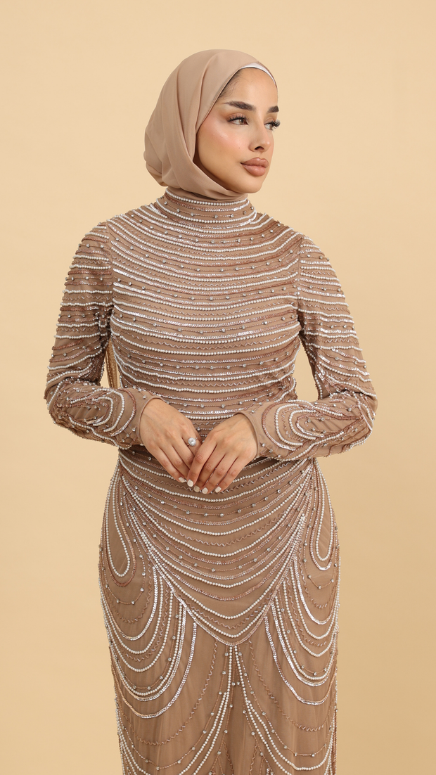 hand embellished mocha cape dress 