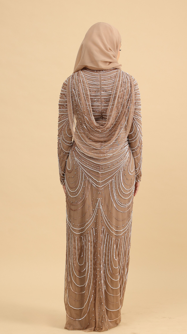 pink embellished dress with back cape 