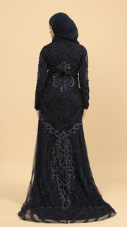 Navy embellished dress with trail - prom dress, wedding guest 