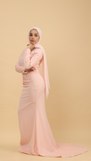 pink corset dress with trail 
