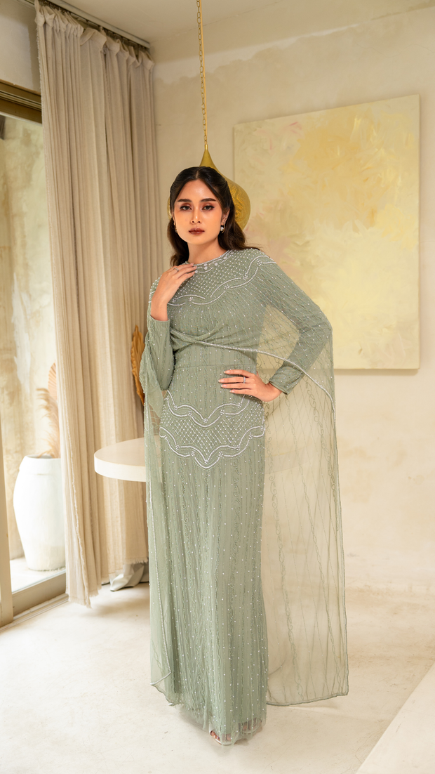 sage green embellished cape dress 01