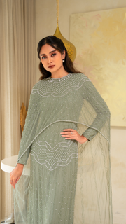sage green embellished cape dress 02