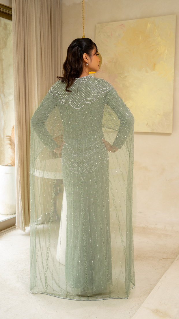 sage green embellished cape dress 04