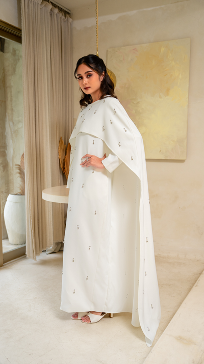 white bridal dress with cape and sleeves 