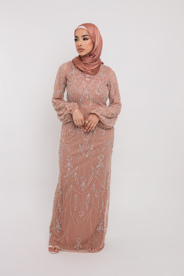 Tan Pink Embellished Wrap Dress With Balloon Sleeve