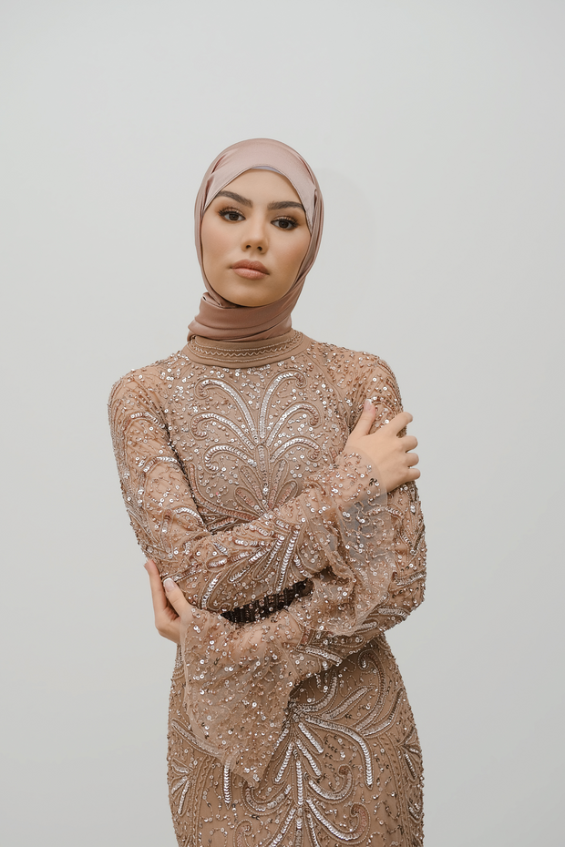 Mocha Satin Hijab Shimmi Dresses Mocha Satin Hijab Shimmi Dresses
