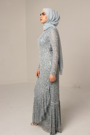 Dusky Blue Embellished Frill Evening Dress With Sleeves