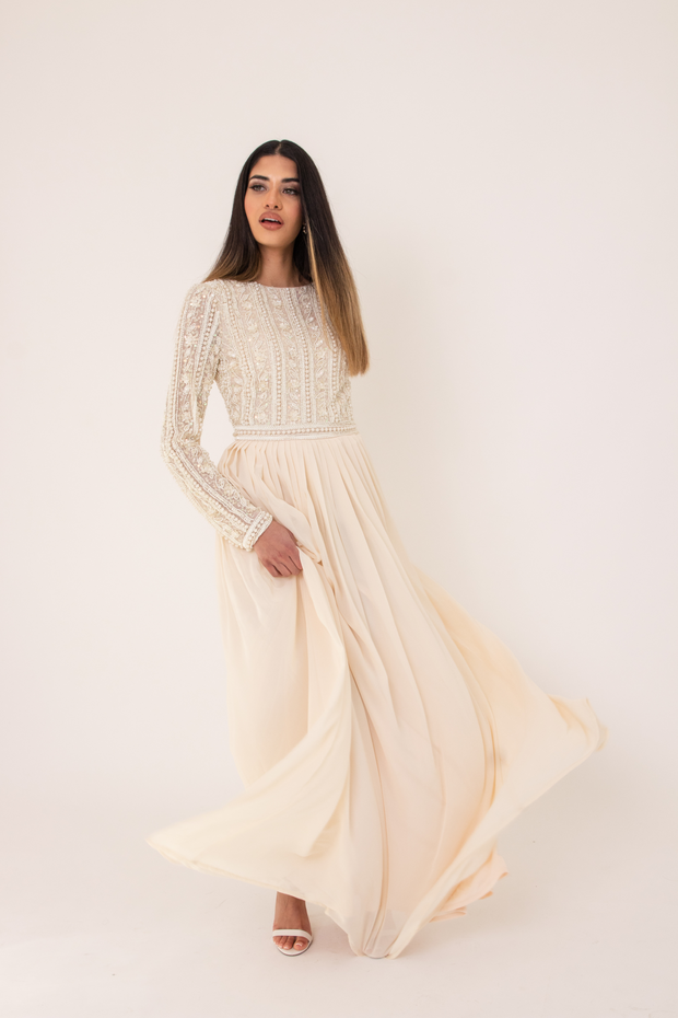 Cream Embellished Flowy Dress With Sleeves