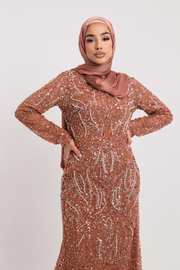 Burnt Orange Pearl Embellished Evening Gown With Sleeves