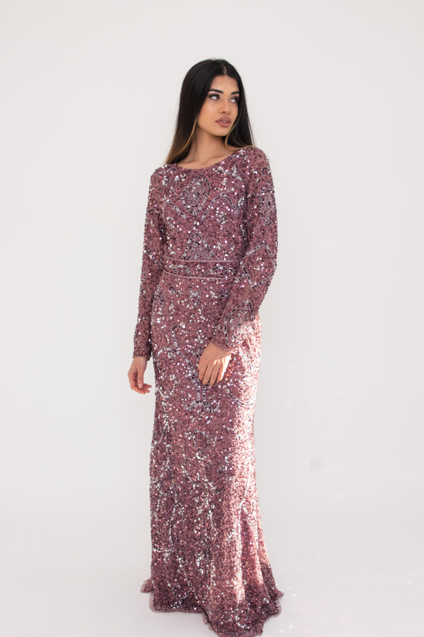 Purple Embellished Evening Dress With Long Sleeves