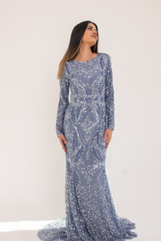 Blue Silver Modest Sequin Evening Dress With Trail