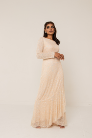 Cream Embellished Frill Evening Dress With Sleeves