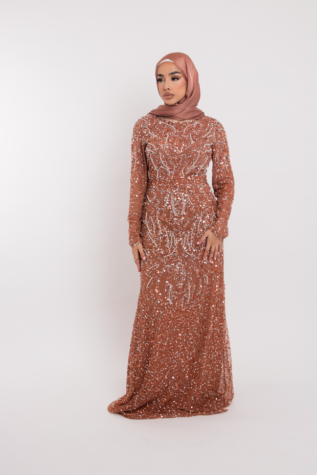 Burnt Orange Pearl Embellished Evening Gown With Sleeves