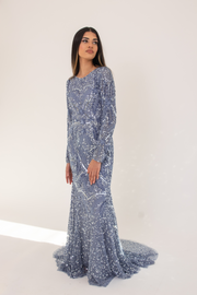 Blue Silver Modest Sequin Evening Dress With Trail