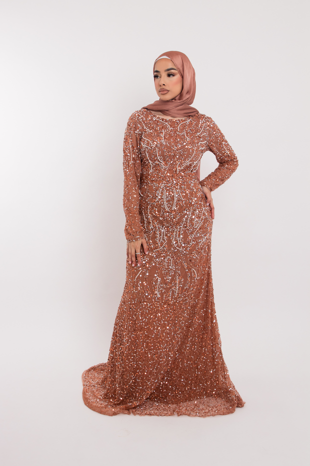 Burnt Orange Pearl Embellished Evening Gown With Sleeves